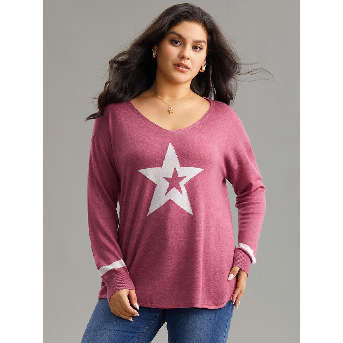 Plus Size Supersoft Essentials Star V Neck Pullover Rust Women Casual Long Sleeve V-neck Dailywear Pullovers BloomChic 18-20/2X Product Image