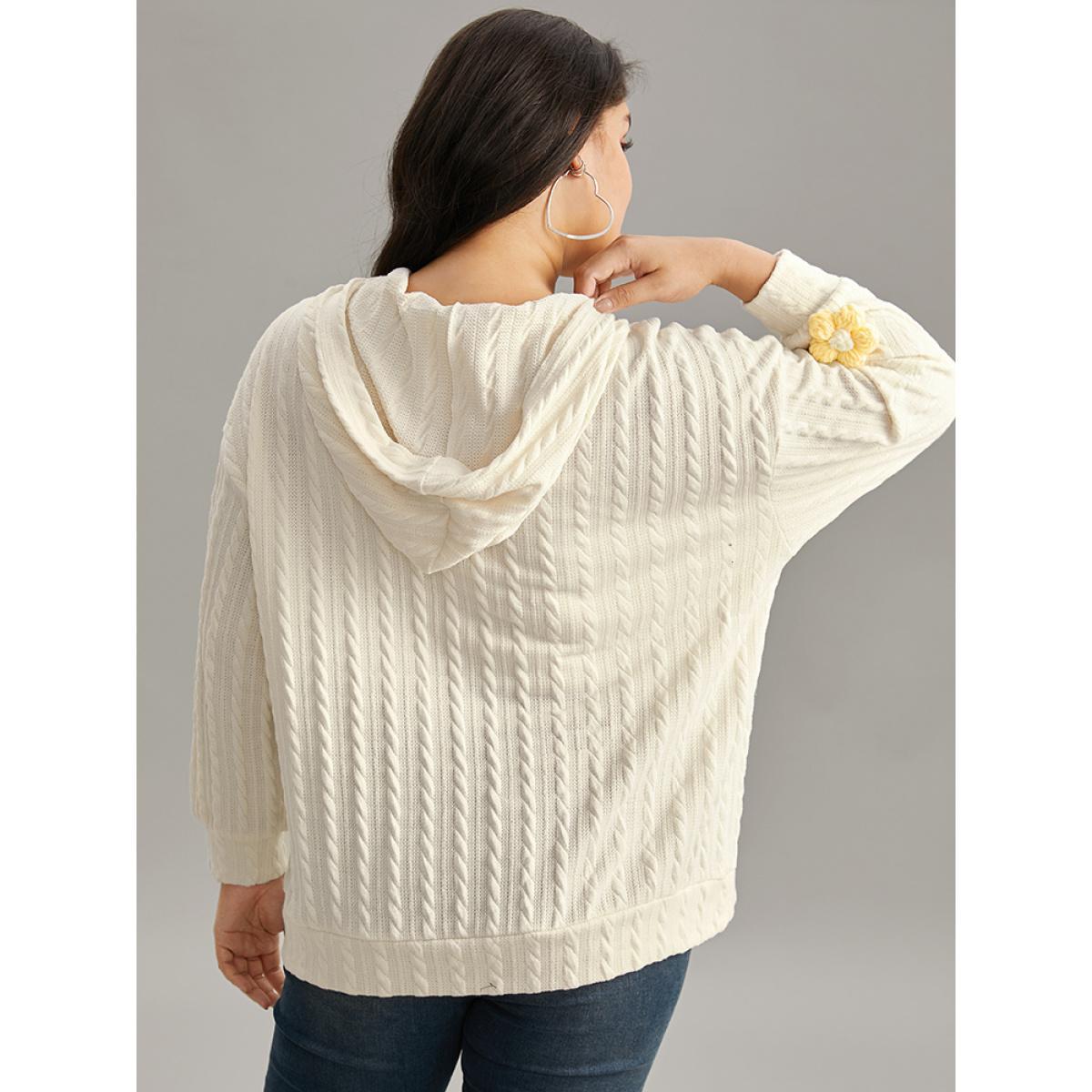 Plus Size Contrast Floral Detail Textured Zipper Fly Sweatshirt Women Apricot Elegant Texture Hooded Dailywear Sweatshirts BloomChic 14-16/1X Product Image