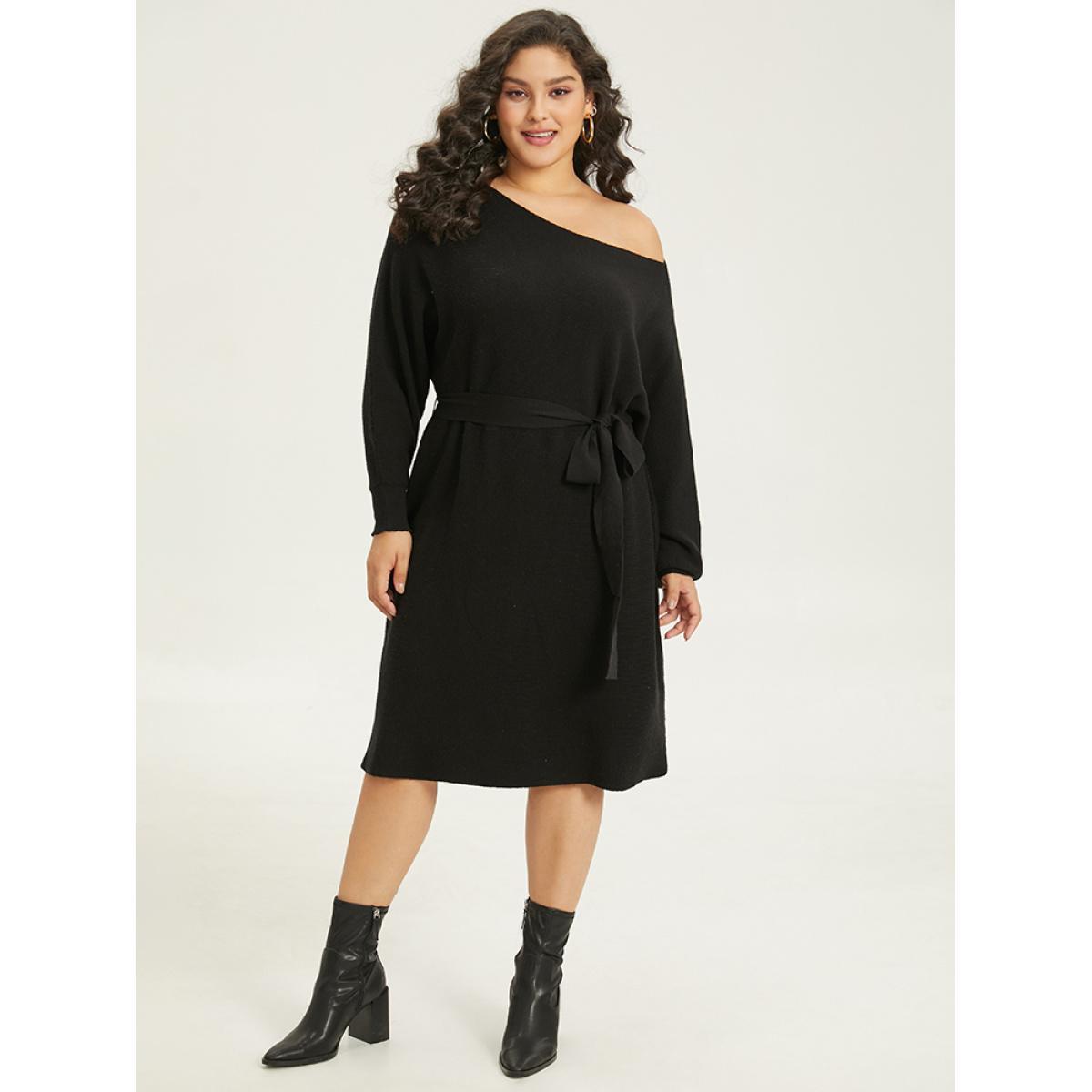 Plus Size Supersoft Essentials Boat Neck Belted Sweater Dress Black Women Casual Long Sleeve Everyday Sweater Dresses BloomChic 12/L Product Image