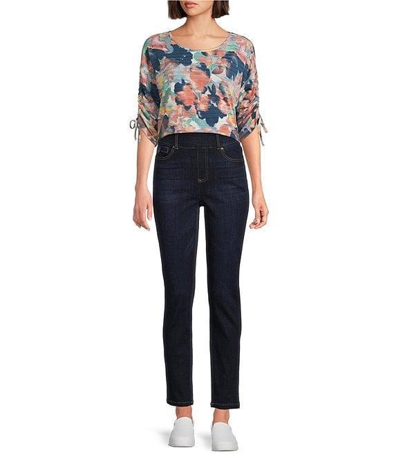 Westbound Knit Dark Denim Blur Floral 3/4 Ruched Sleeve Top Product Image