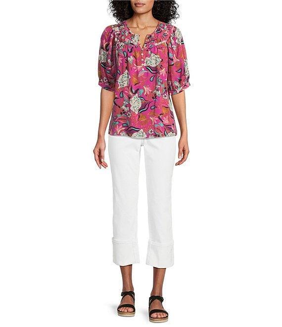 Nurture Smocked Yoke Short Sleeve V-Neck Button Down Top Product Image