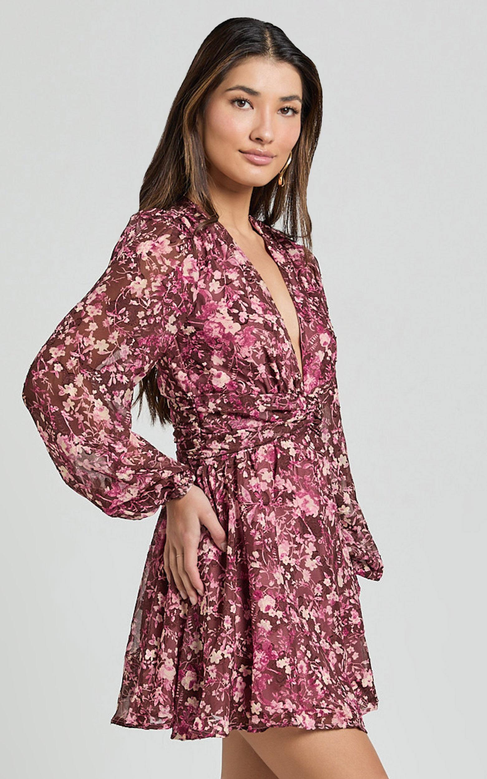 Eleanor Mini Dress - Plunge Twist Front Jacquard Dress in Wine Floral Product Image