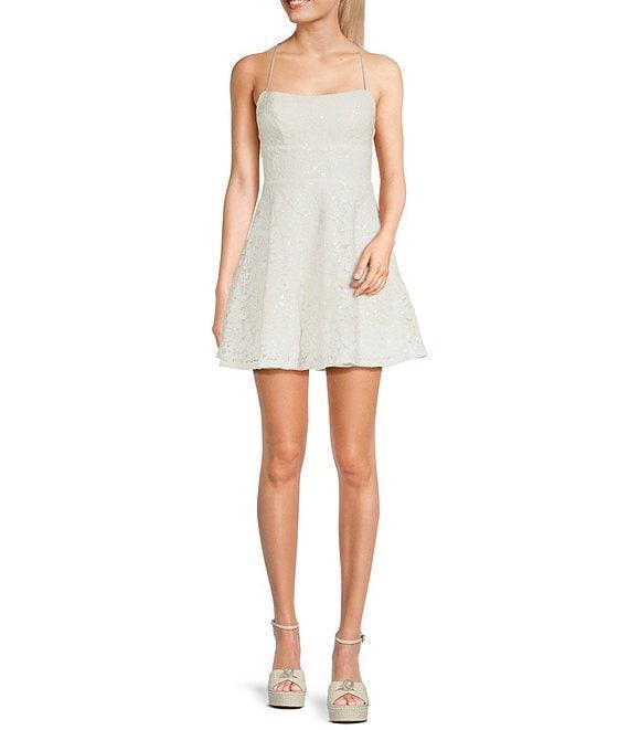 Honey and Rosie Embroidered Sequin Square Neck Spaghetti Strap Criss Cross Back Fit & Flare Dress Product Image