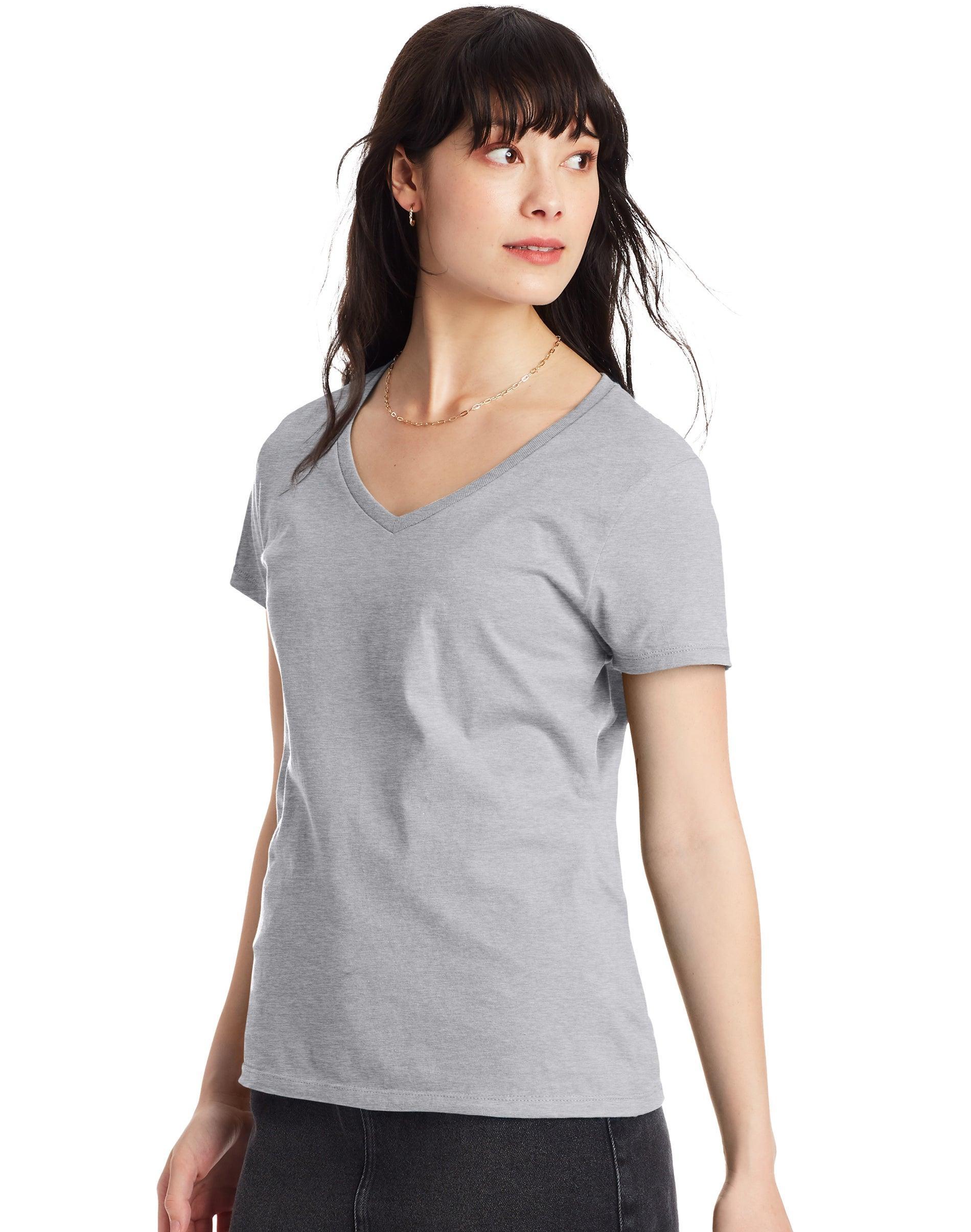 Hanes Perfect-T Womens V-Neck Cotton T-Shirt Light Blue XL Product Image