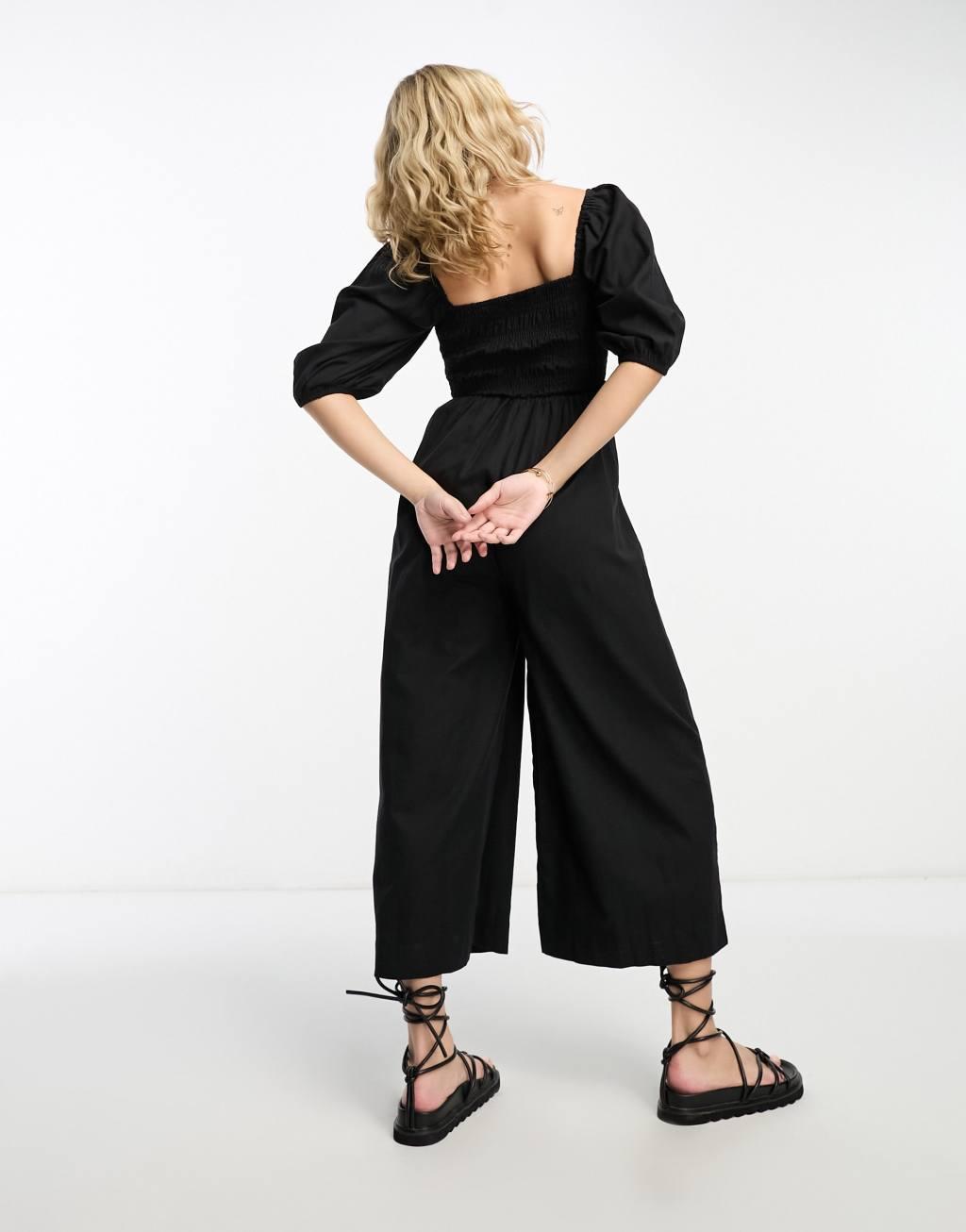 ASOS DESIGN linen look shirred puff sleeve jumpsuit Product Image
