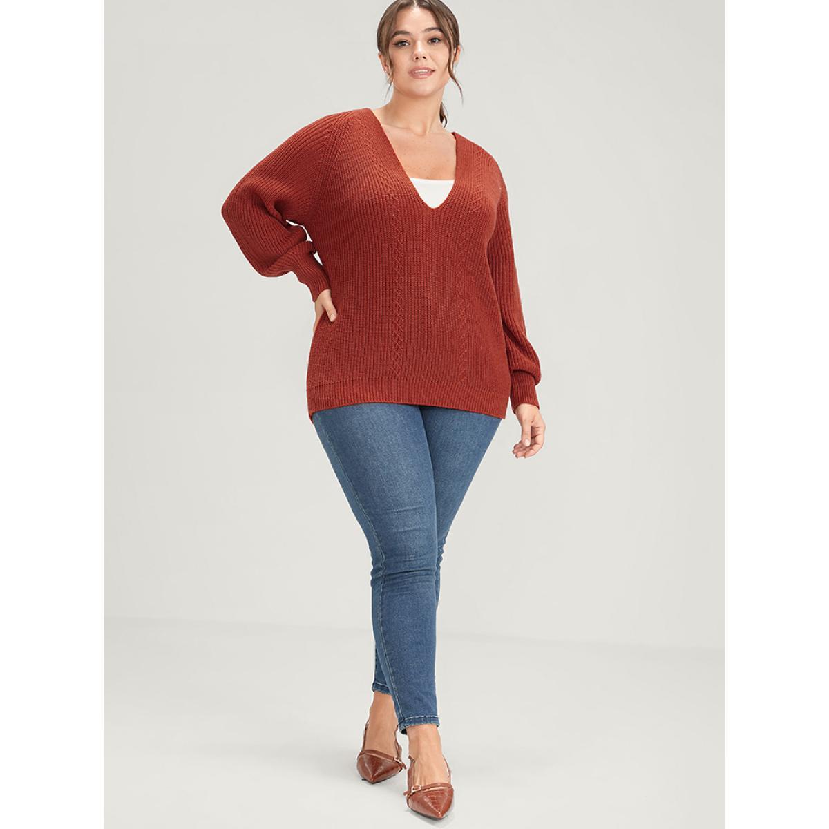 Plus Size Solid Pointelle Knit Deep V Neck Knit Top Coral Women Casual Long Sleeve Deep V-neck Dailywear Pullovers BloomChic 22-24/3X Product Image