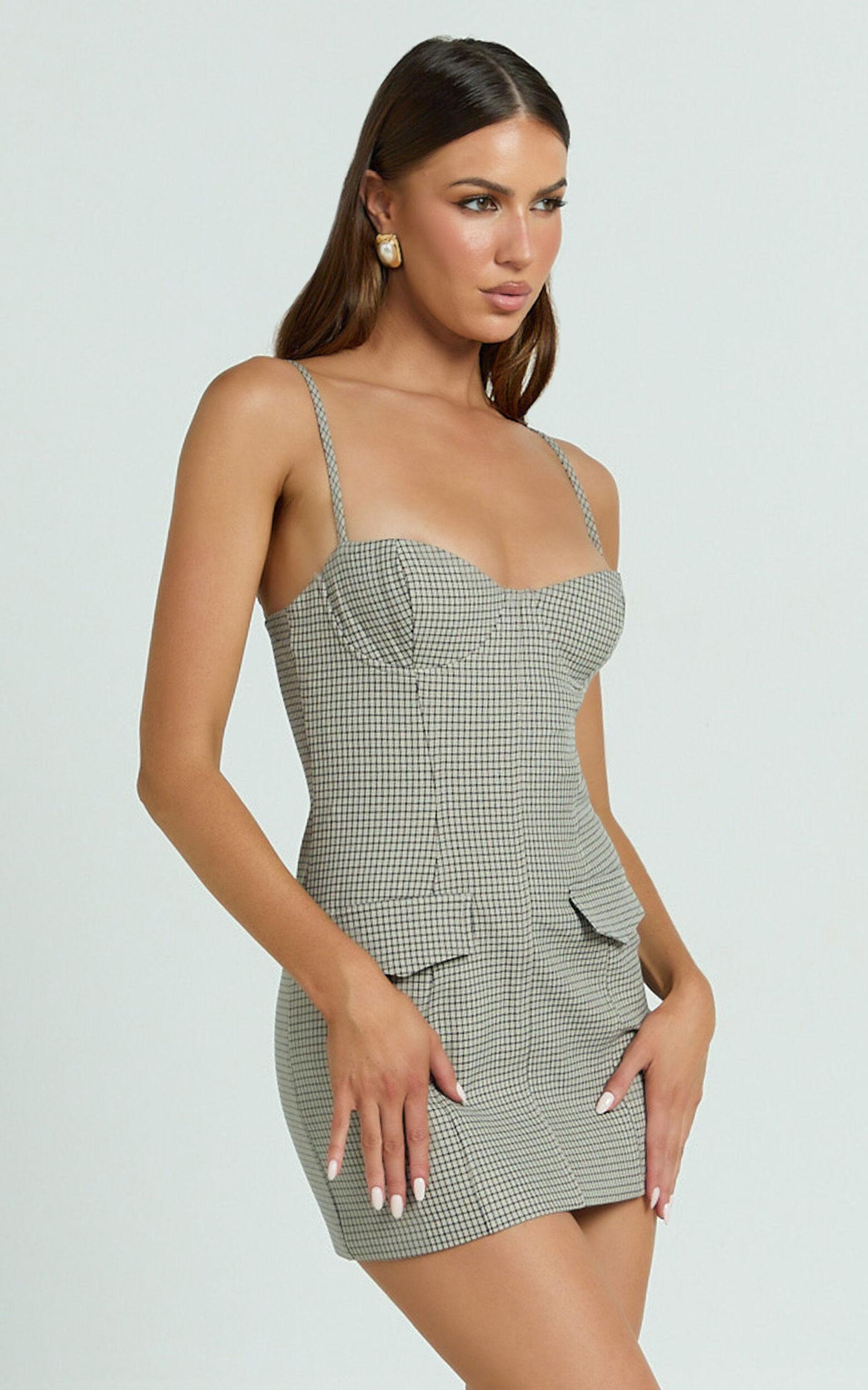 Angela Mini Dress - Sweetheart Neck Bodycon Checkered Dress in Beige Check Product Image