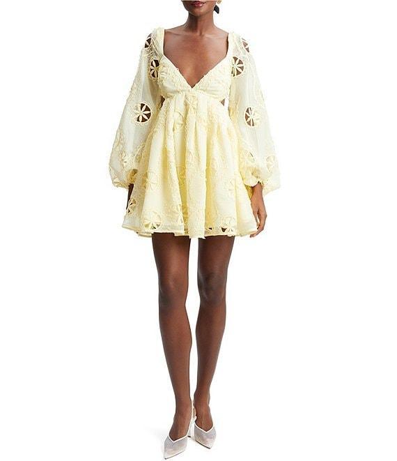 Bardot Jovie Embroidered V Neck Long Sleeve Cutout Babydoll A-Line Mini Dress Product Image