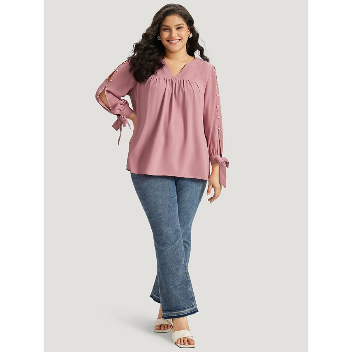 Plus Size DustyPink Plain Pleated Ties Beaded Notched Blouse Women Elegant Long Sleeve Notched collar Dailywear Blouses BloomChic 14-16/1X Product Image
