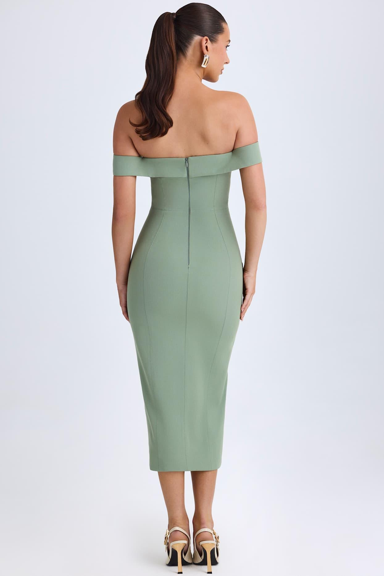 Off-Shoulder Midaxi Dress in Khaki Green Product Image