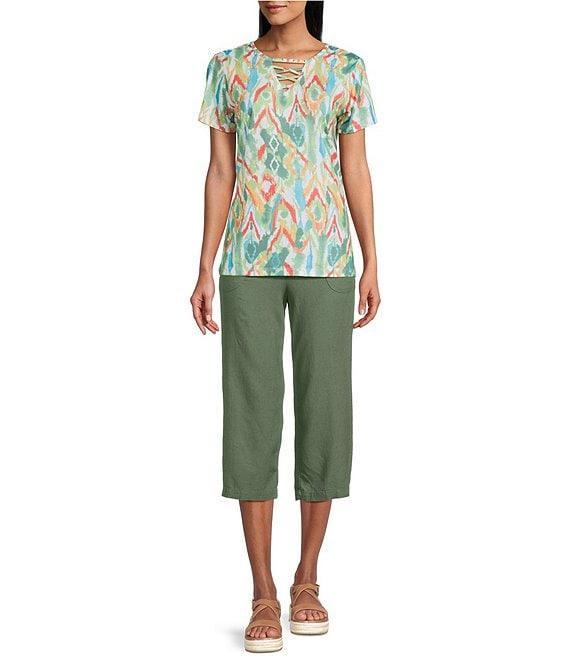 Allison Daley Petite Size Natural Ikat Print Short Sleeve Criss-Cross Keyhole Neck Short Sleeve Jersey Knit Top Product Image