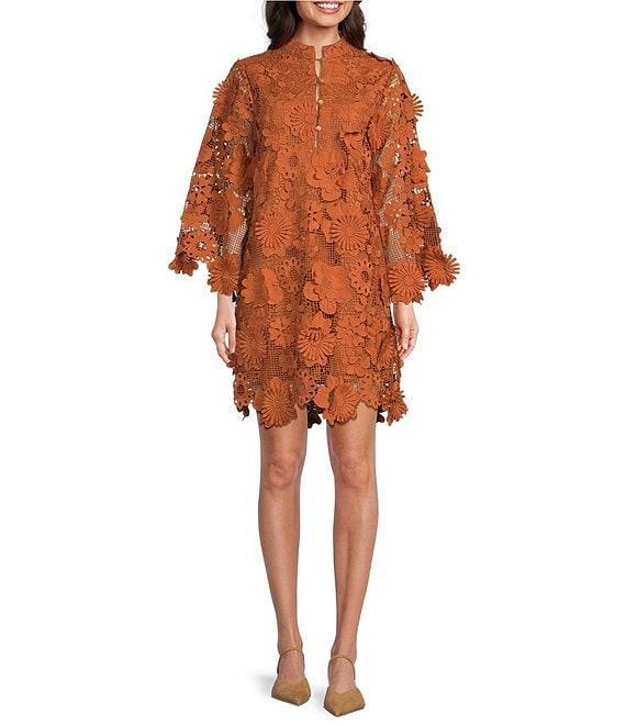 J.Marie Seraphina Floral 3D Lace Split Round Button Up Neck Long Sleeve Shift Dress Product Image