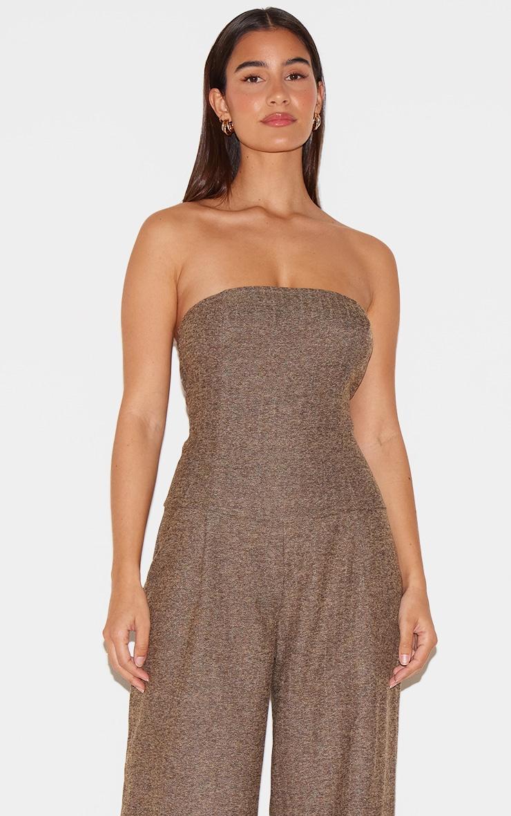 Taupe Tailored Herringbone Bandeau Wide Leg Jumpsuit Product Image