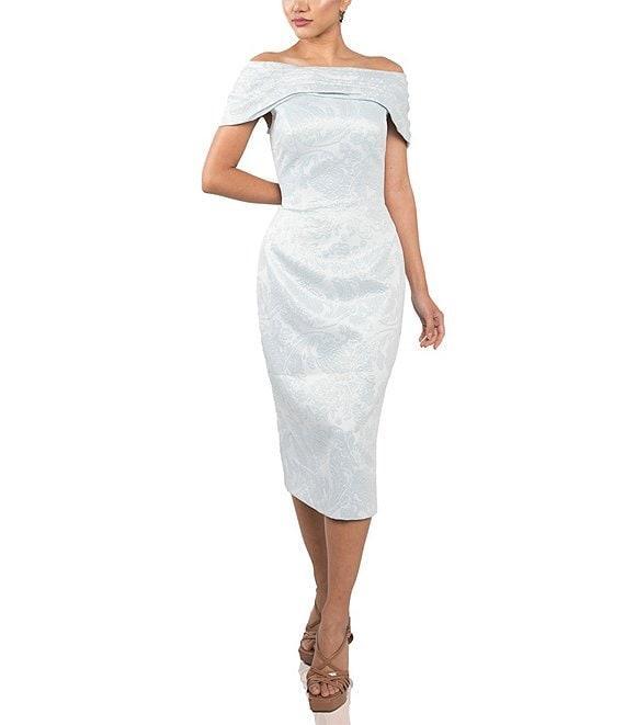 Terani Couture Off-the-Shoulder Brocade Sheath Midi Dress Product Image