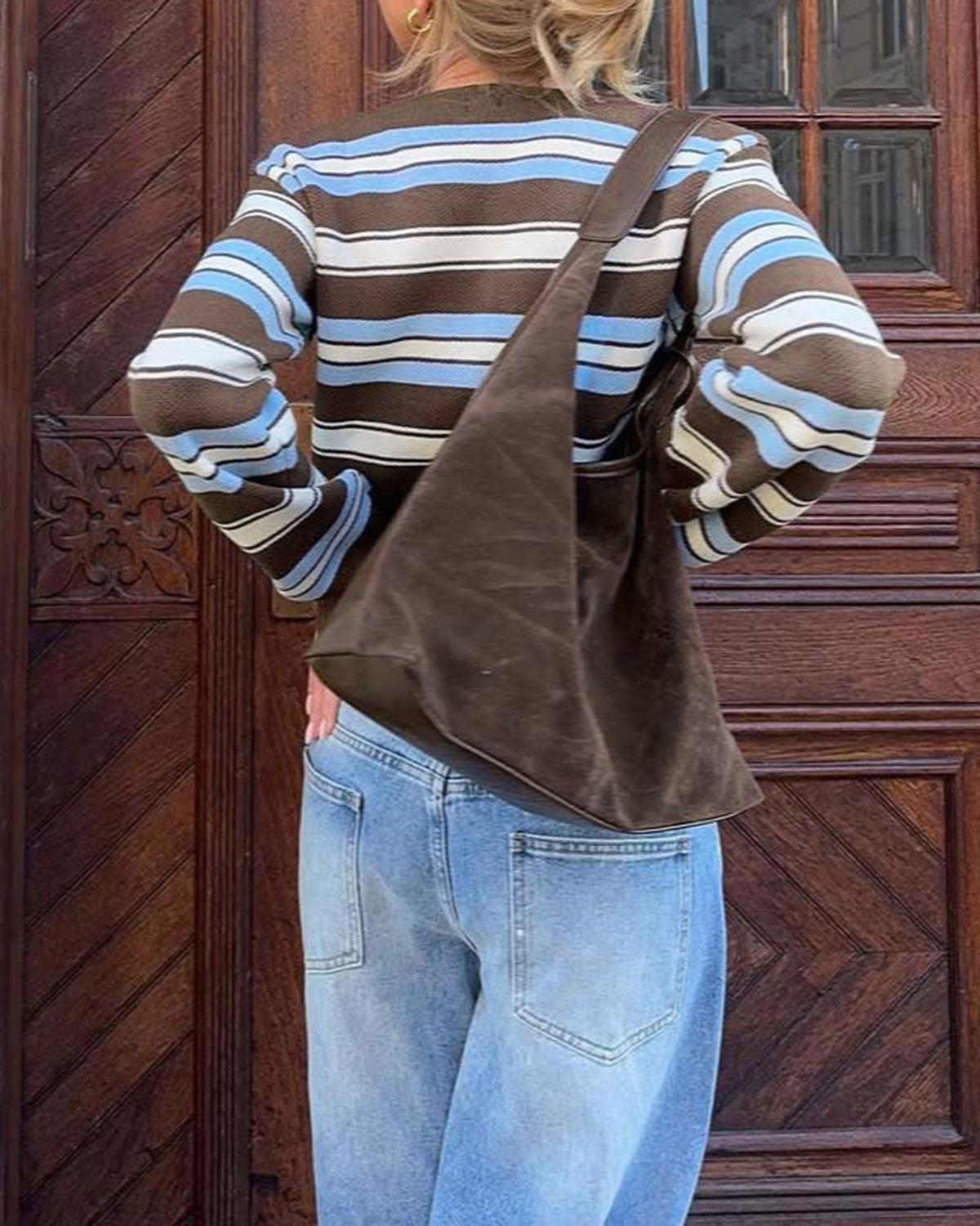 Brown Striped V Neck Knit Cardigan Product Image