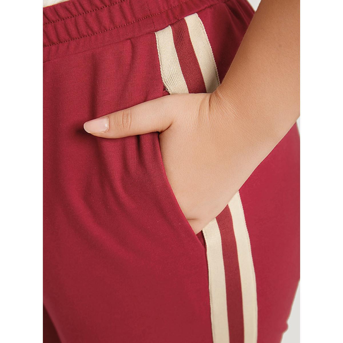 Two Tone Pocket Split Side Elastic Waist Sweatpants Scarlet Plus Size Women Casual Dailywear Contrast 14-16/1X Bloomchic Product Image