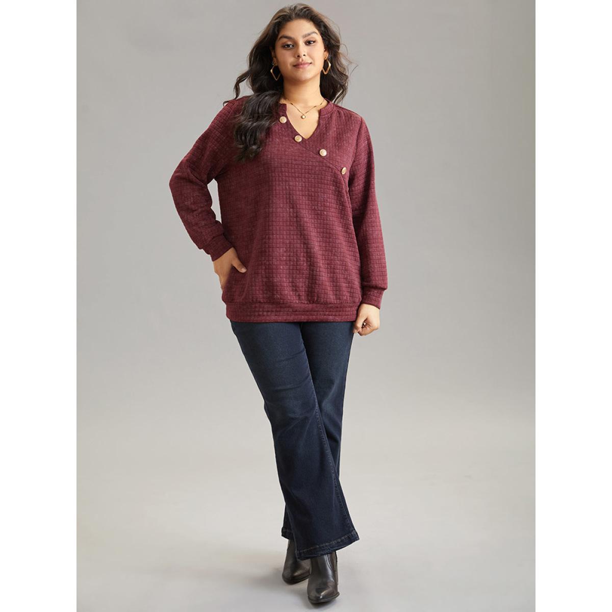 Plus Size Plain Textured Notched Button Detail Sweatshirt Women Burgundy Casual Texture Notched collar Dailywear Sweatshirts BloomChic 28/5X Product Image