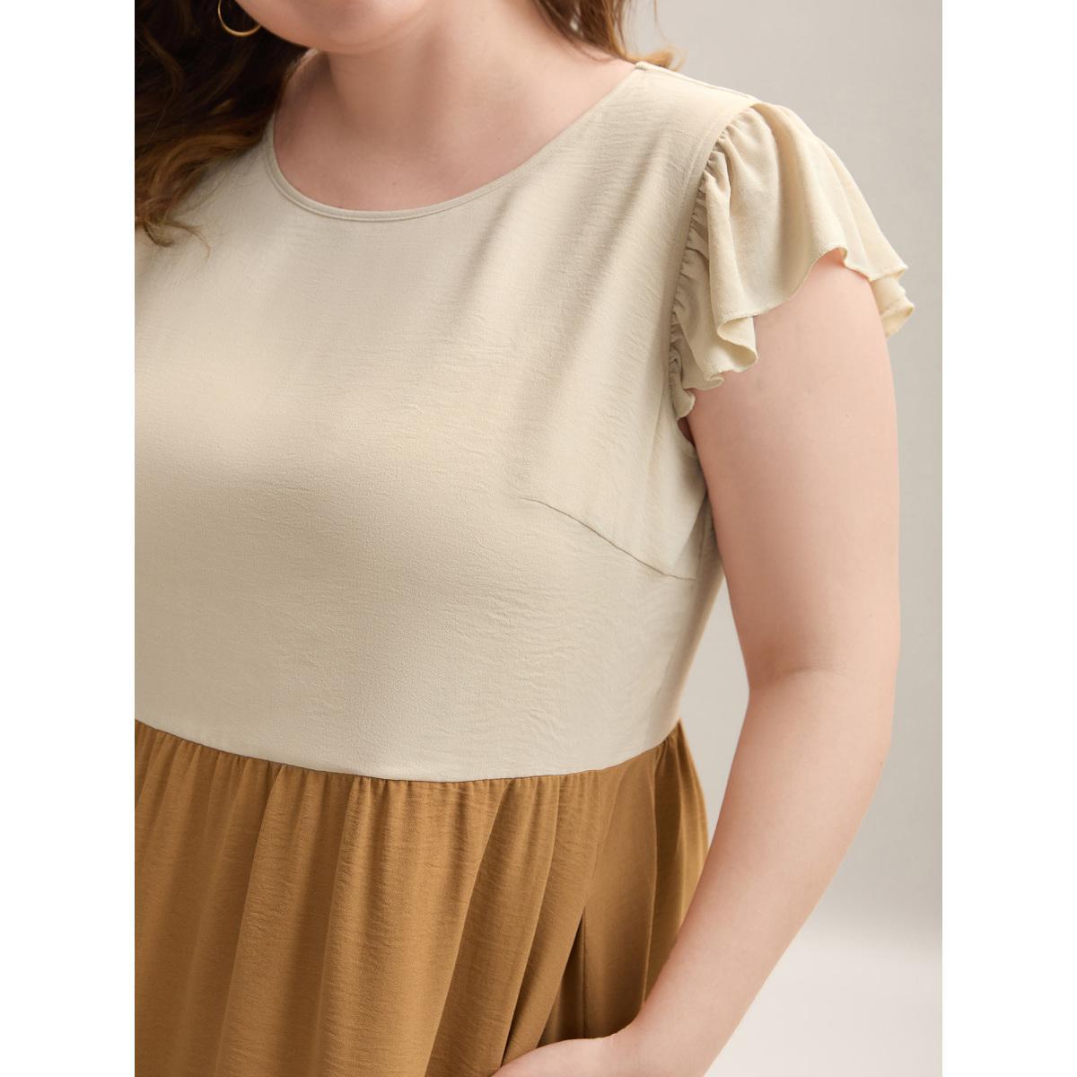 Plus Size Color Block Ruffled Sleeve Tiered Midi Dress LightBrown Women Casual Contrast Round Neck Cap Sleeve Curvy BloomChic 30/6X Product Image