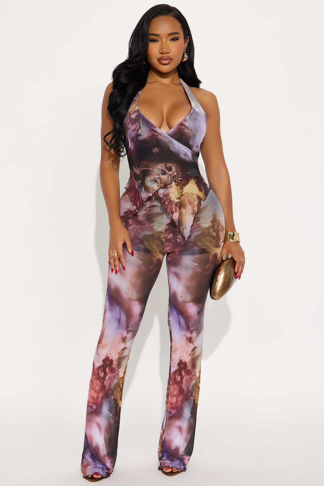 After Dark Mesh Flare Leg Jumpsuit - Plum/Multi Product Image