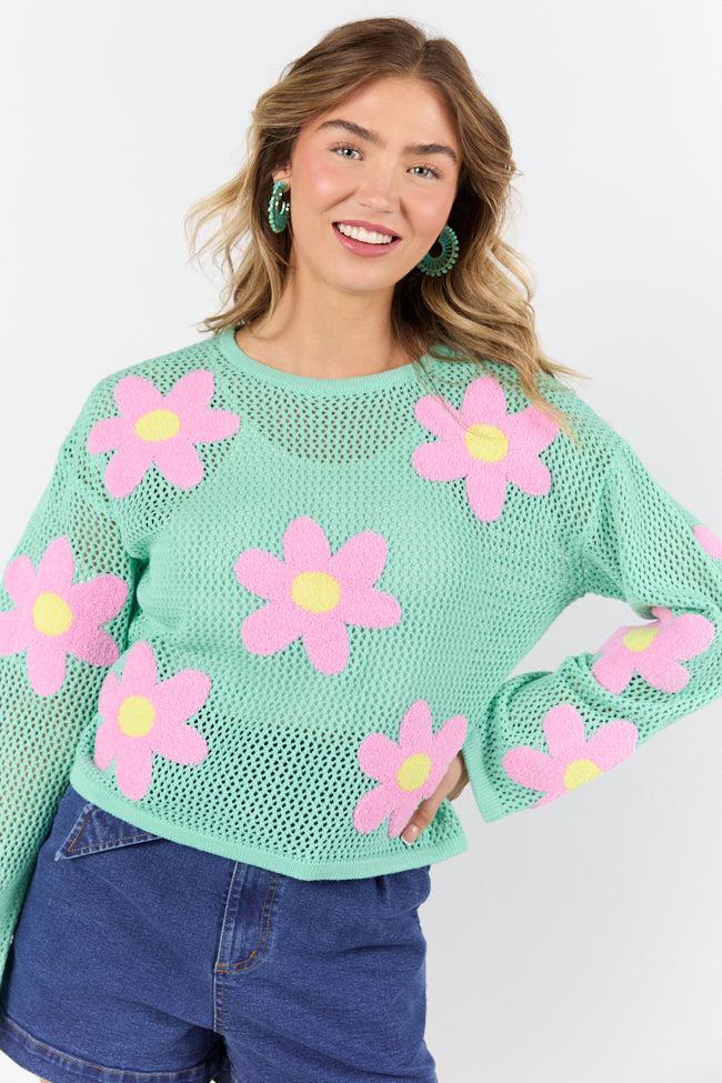Follow You Around Mint And Pink Flower Embroidered Sweater SALE Product Image
