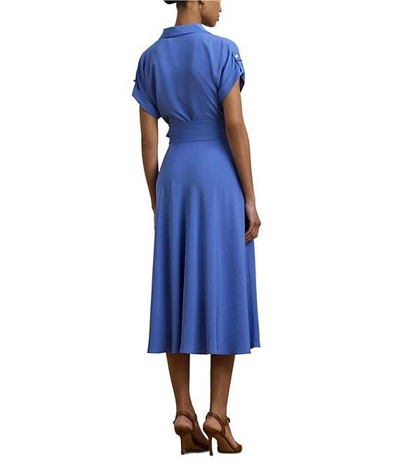 Lauren Ralph Lauren Crepe Spread Collar Neck Short Sleeve Tie Waist Belt A-Line Midi Dress Product Image