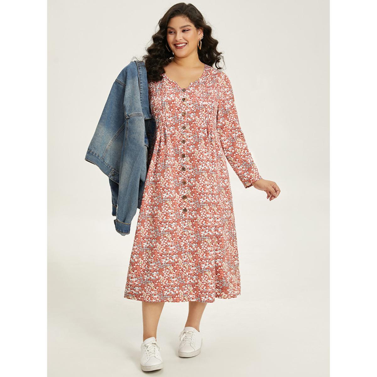 Plus Size Ditsy Floral Notched Pocket Button Detail Dress Russet Women Casual Printed Notched collar Long Sleeve Curvy Midi Dress BloomChic 22-24/3X Product Image