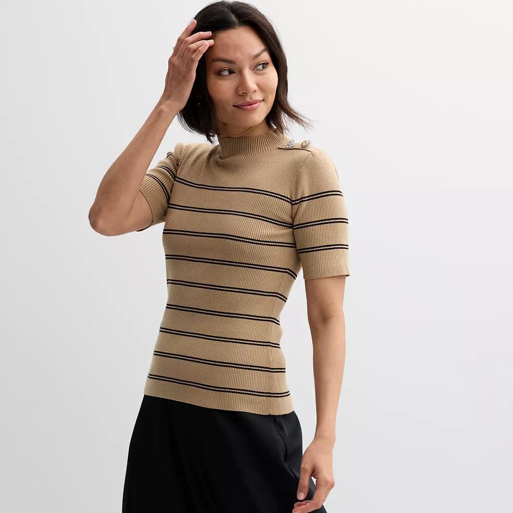 Women's Ellen Tracy Mockneck Elbow Sleeve Button Shoulder Rib Sweater, Size: XS, Camel Black Stripe Product Image