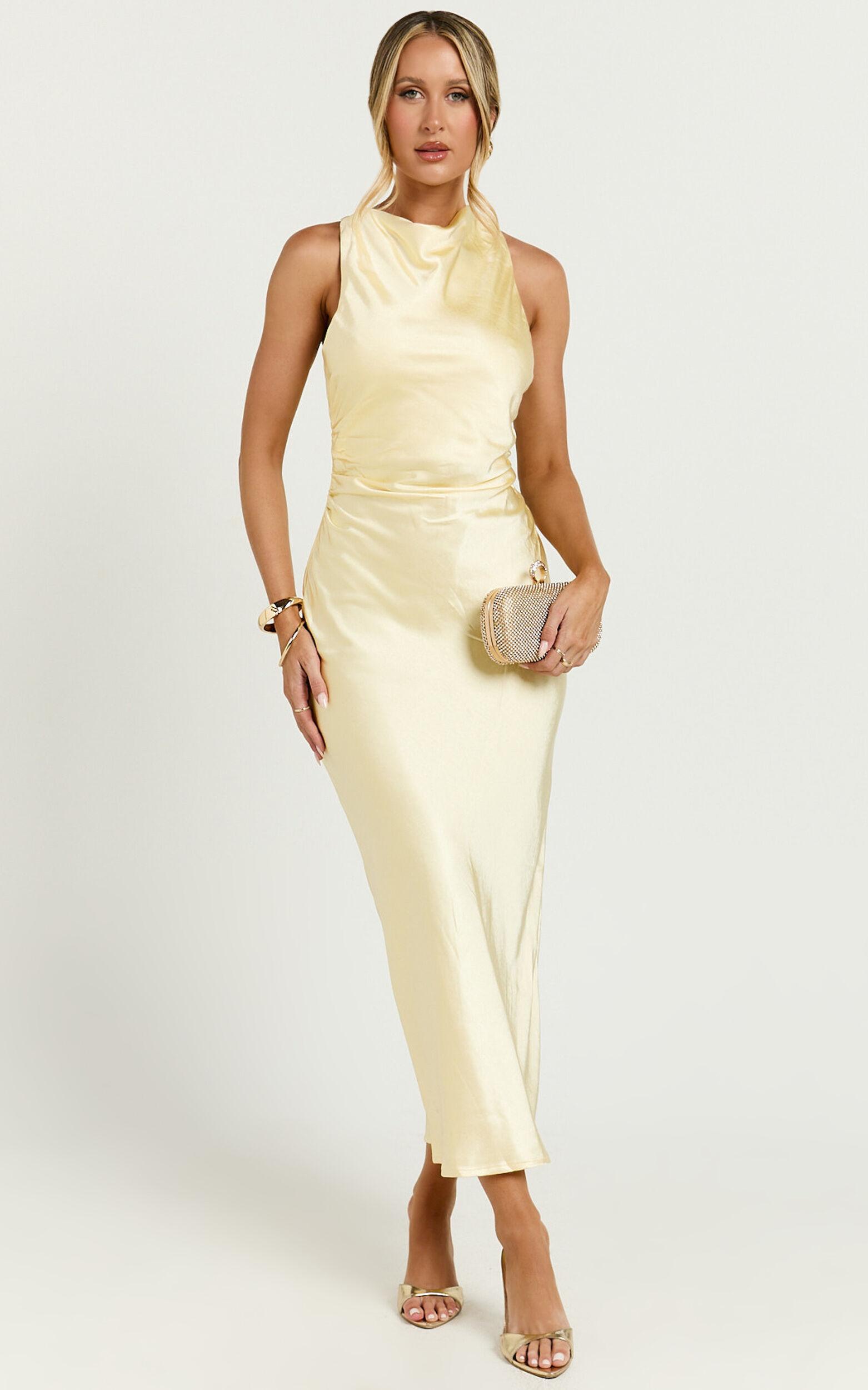Aluna Midi Dress - High Neck Cross Back Satin Slip Dress in Lemon Product Image