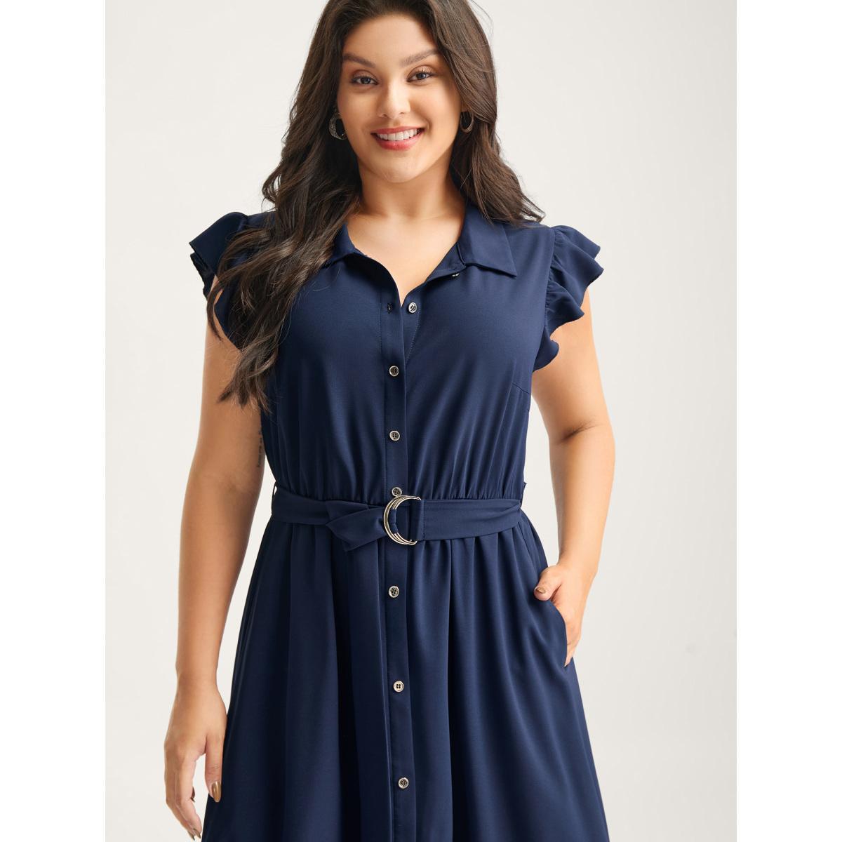 Plus Size Flutter Sleeve Belted Shirt Dress DarkBlue Women Shirt collar Cap Sleeve Curvy BloomChic 28/5X Product Image