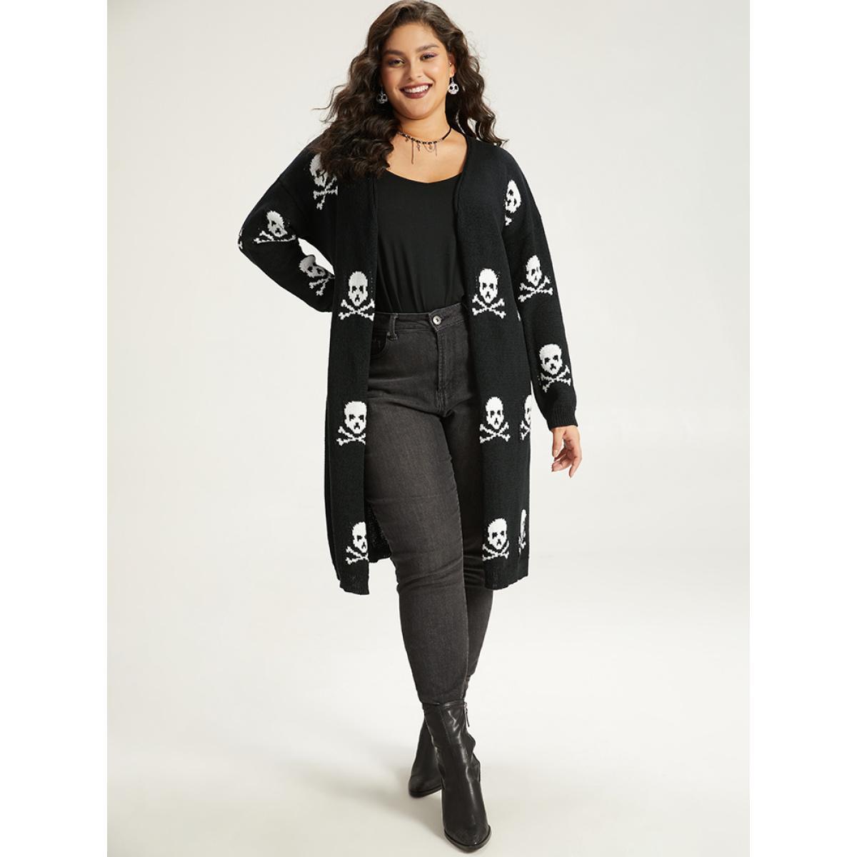 Plus Size Halloween Skull Print Split Side Drop Shoulder Maxi Cardigan Black Women Casual Loose Long Sleeve Festival-Halloween Cardigans BloomChic 14-16/1X Product Image