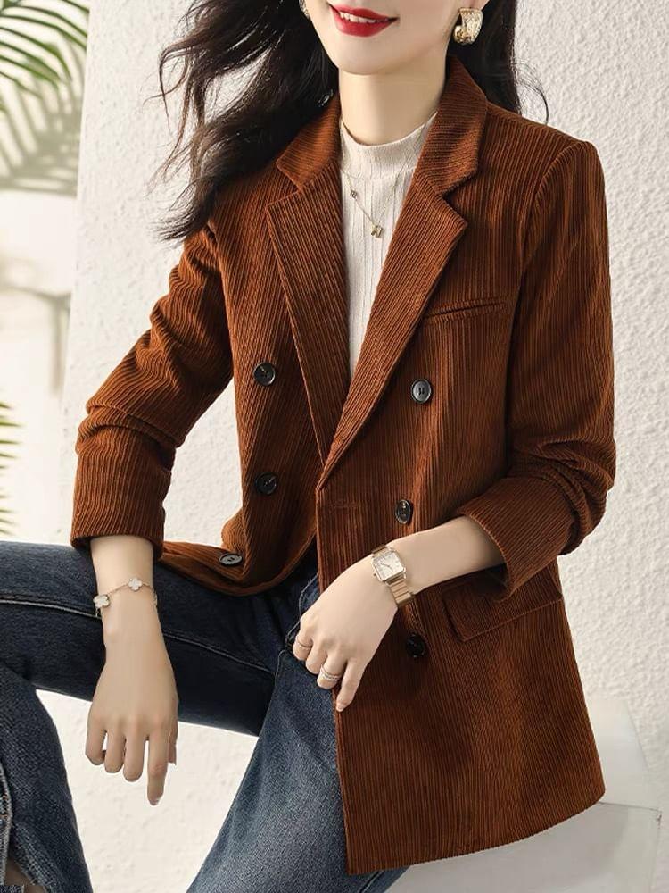 Lapel Collared Corduroy Double-Breasted Long Blazer Product Image