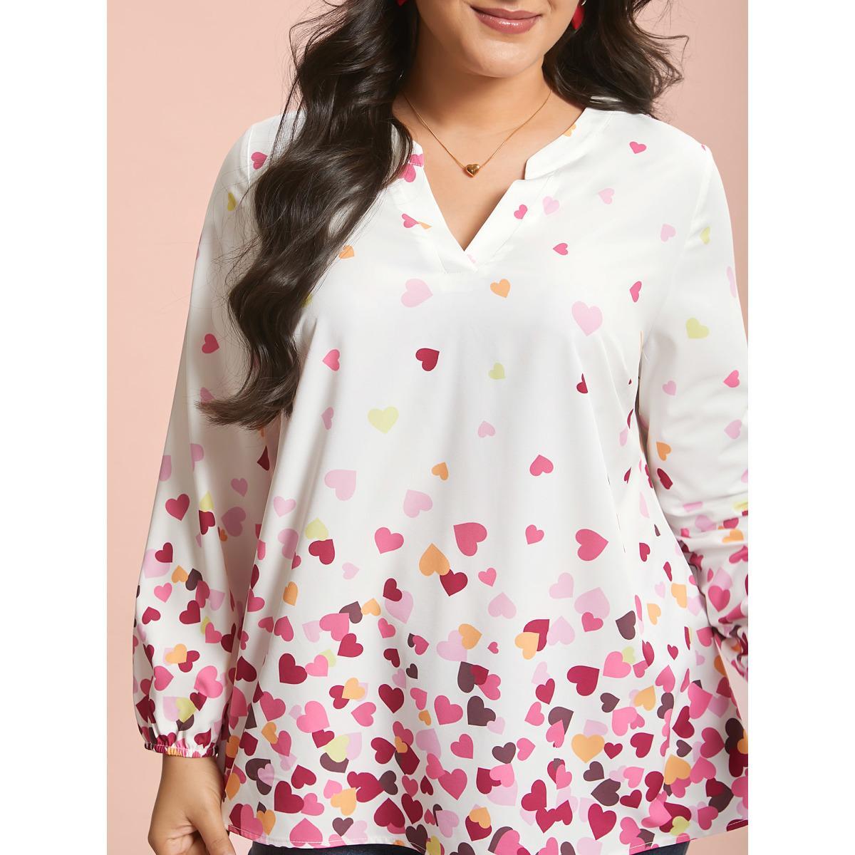 Plus Size WhiteSmoke Notched Collar Multi-Color Hearts Blouse Women Elegant Extra Long Sleeve Flat collar with V-notch Everyday Blouses BloomChic 26/4X Product Image