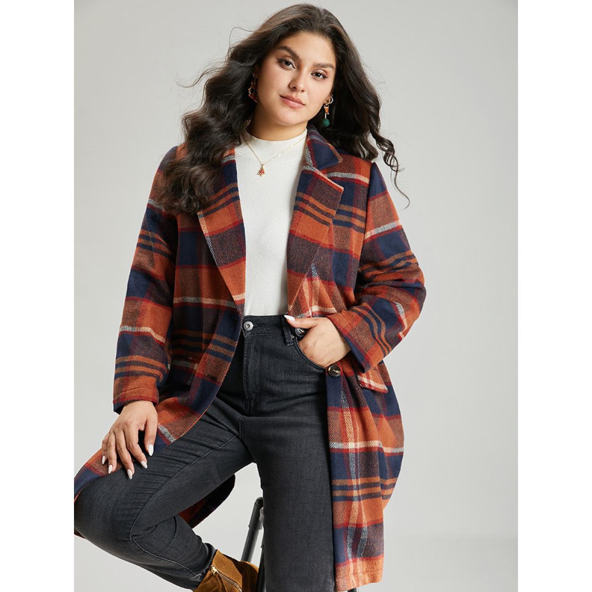 Plus Size Lapel Collar Plaid Pocket Button Up Coat Women OrangeRed Casual Contrast Ladies Dailywear Winter Coats BloomChic 12/L Product Image