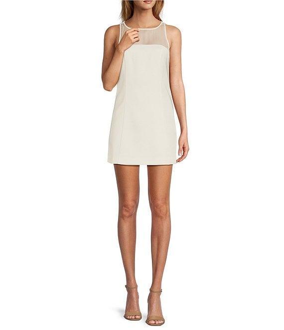 French Connection Carey Boat Neck Sleeveless Satin Slash Neck Chiffon Mesh Mini Dress Product Image