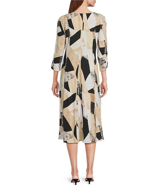 Multiples Slub Knit Geometric Multi-Panel Scoop Neck 3/4 Sleeve Fit & Flare Midi Dress Product Image