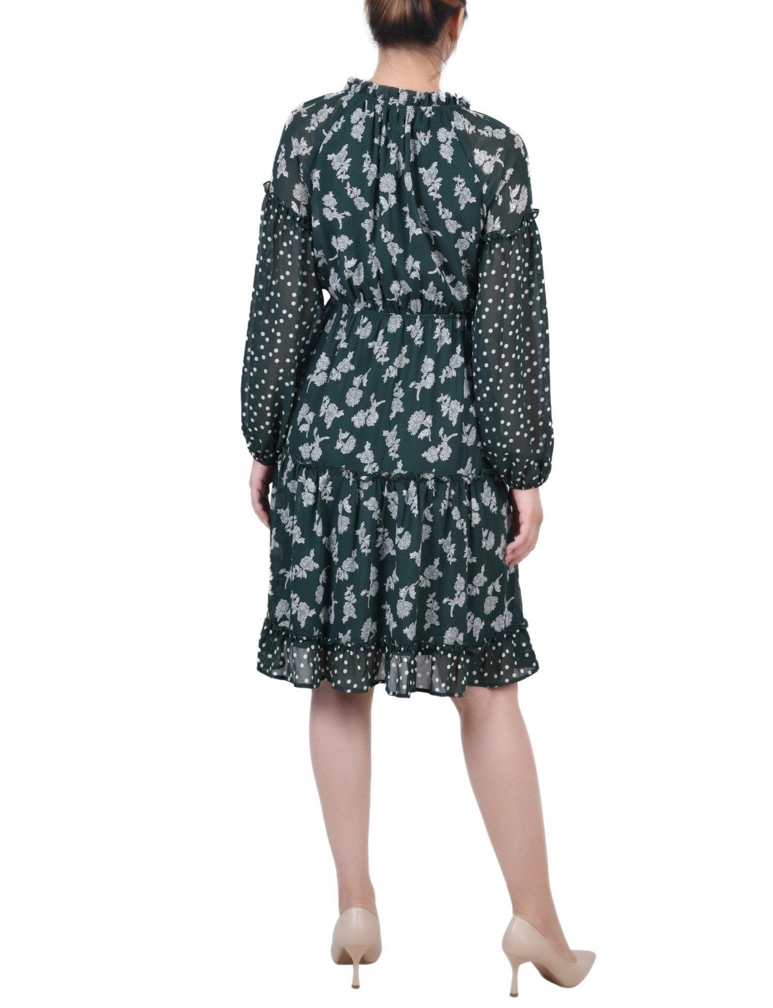 Botanical Garden Floral Dot Long Sleeve Combo Chiffon Dress - Petite Product Image