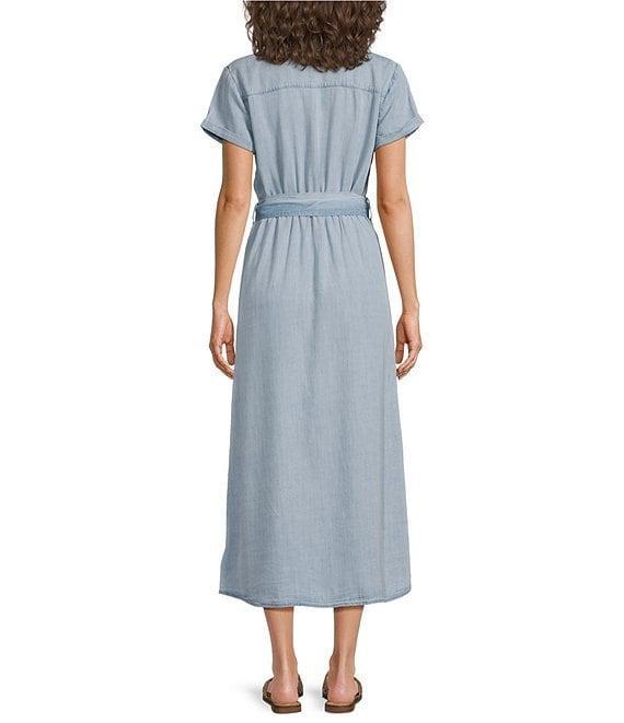 Cloth & Stone Chambray Collared Short Sleeve Belted Midi Shirt Dress Product Image