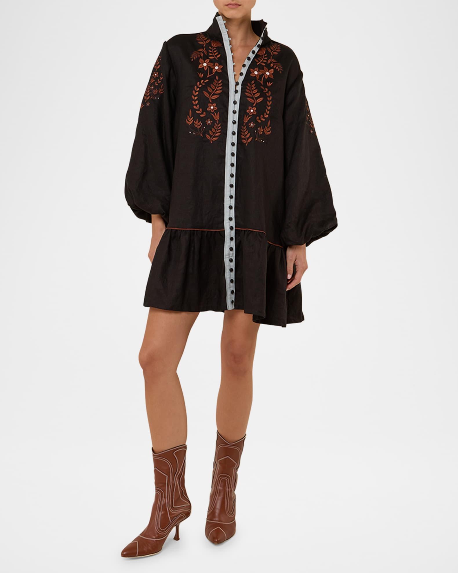 Rosewood Embroidered Flounce Linen Mini Dress Product Image