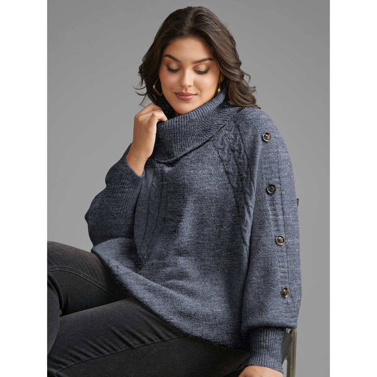 Plus Size Turtleneck Cable Knit Asymmetrical Hem Pullover Stone Women Casual Loose Long Sleeve Ruffled collar Everyday Pullovers BloomChic 14-16/1X Product Image