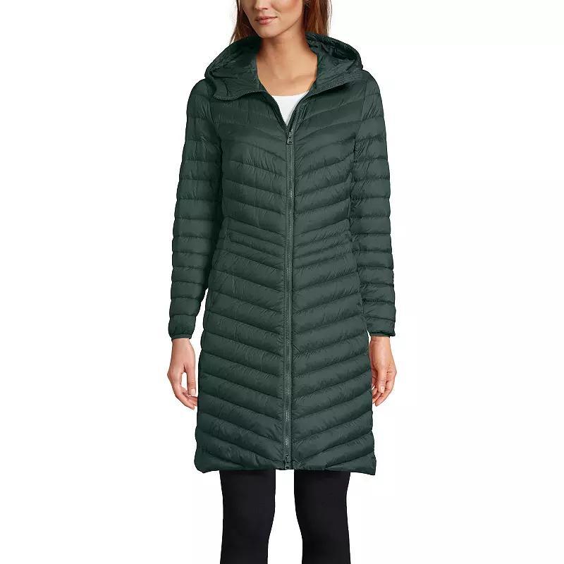 Women's Lands' End Hooded Wanderweight Ultralight Packable Long Down Coat, Size: Large, Dusk Gray Product Image