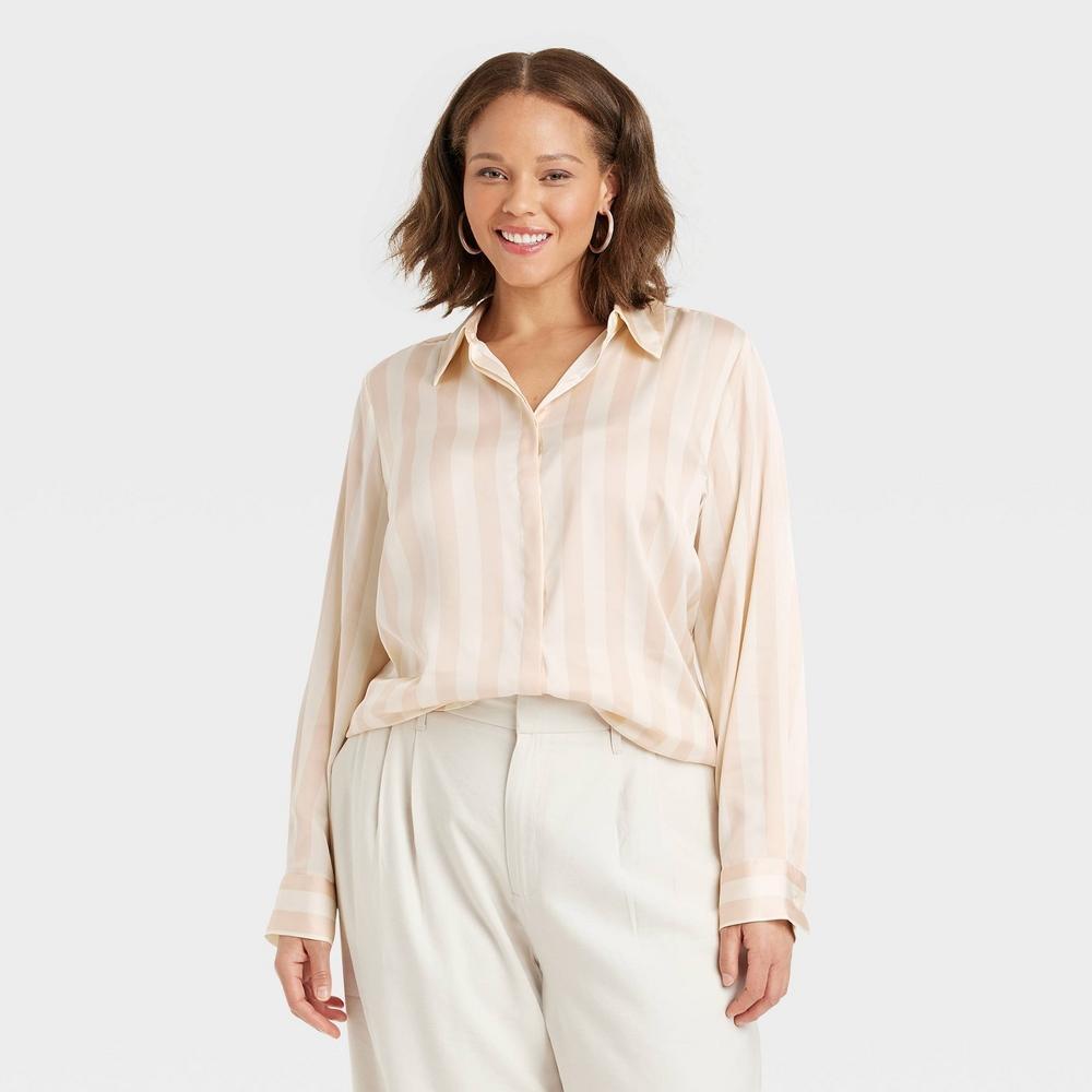 Women's Slim Fit Long Sleeve Satin Button-Down Shirt - A New Day™ Beige/White Striped 4X: Relaxed Fit, Machine Washable Product Image