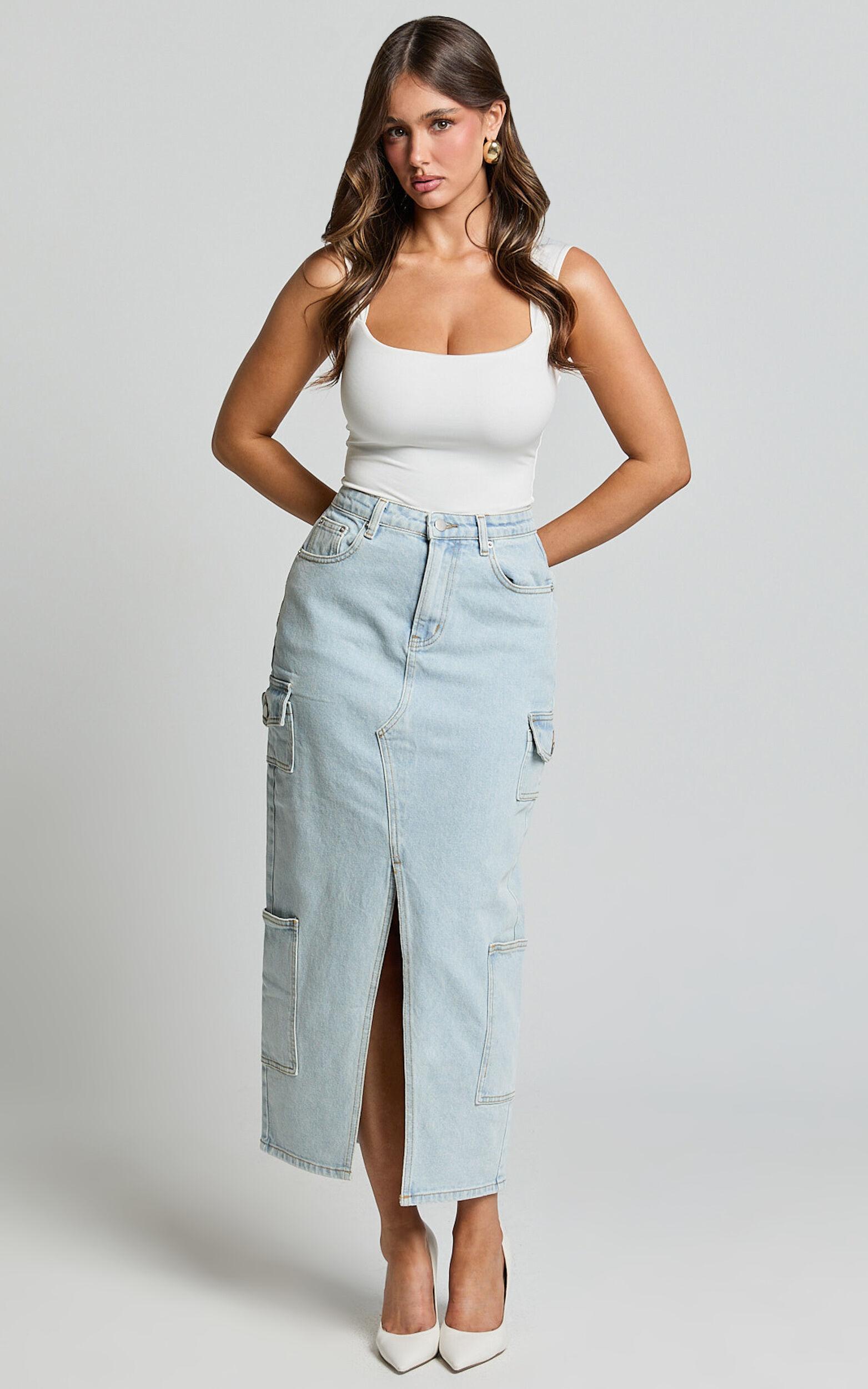 Sylvia Midi Skirt - Utility Pockets Denim Skirt in Light Blue Wash Product Image
