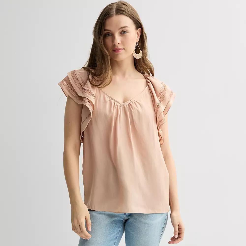 Women's Chelsea & Theodore Ruffle Sleeve Woven Airflow Blouse, Size: Large, Olive Green Product Image