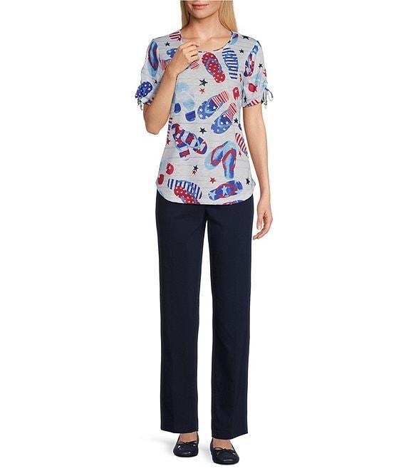 Allison Daley Flip Flops Stars And Stripe Print Short Ruched Tie Sleeve Crew Neck Knit Top Product Image