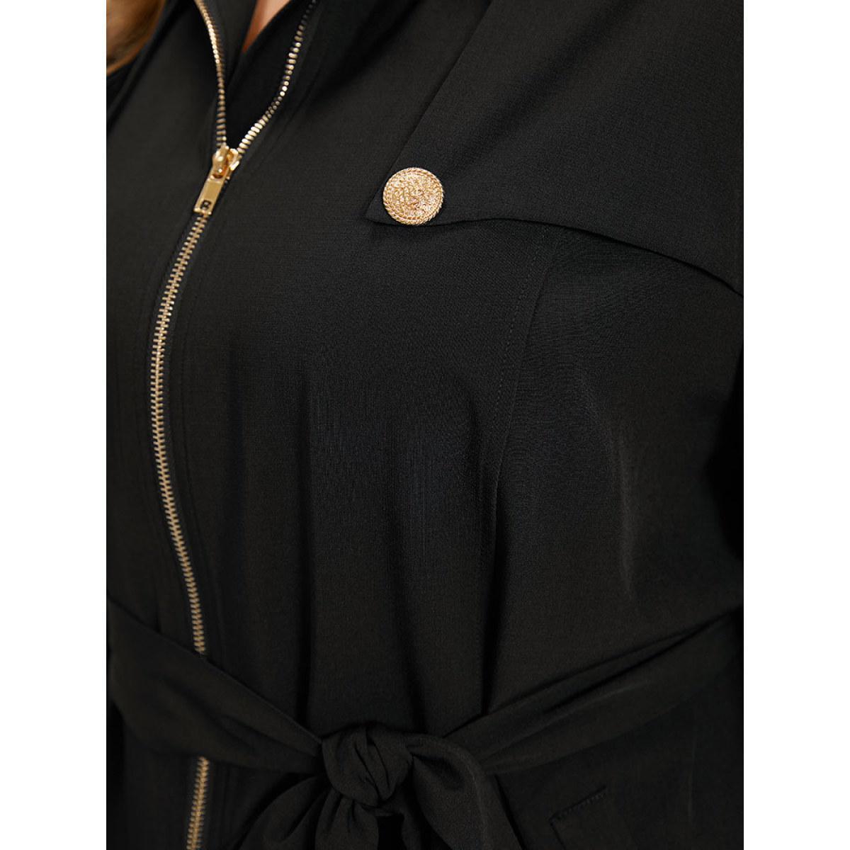 Plus Size Solid Belted Button Detail Zipper Pocket Coat Women Black Plain Pocket Belt Dailywear Jackets BloomChic 22-24/3X Product Image