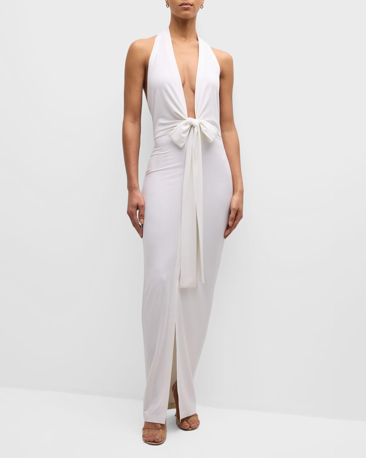 Norma Kamali Tie Front Halter Gown in White Product Image