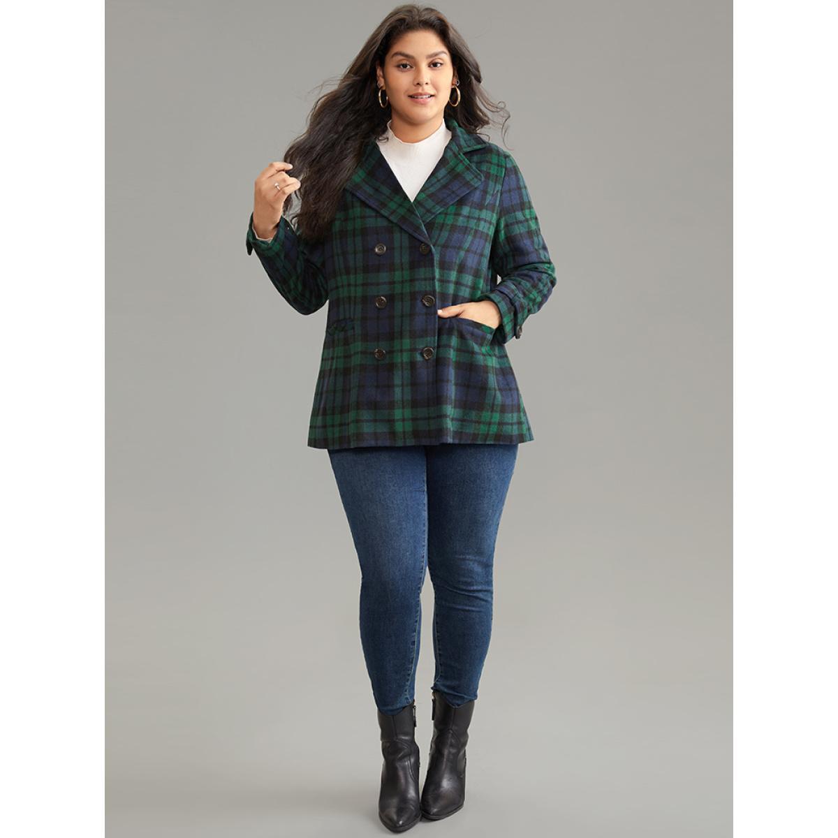 Plus Size Patched Pocket Plaid Double Breasted Coat Women DarkGreen Casual Lined Ladies Dailywear Winter Coats BloomChic 10/M Product Image