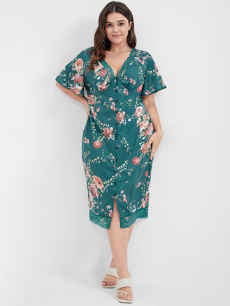 Floral V Neck Lace Button Bodycon Dress Female Product Image