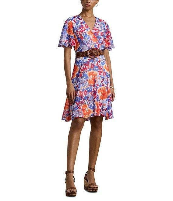 Lauren Ralph Lauren Wandella Crinkle Georgette Floral V Neck Short Flutter Sleeve Belted Faux Wrap Fit and Flare Mini Dress Product Image