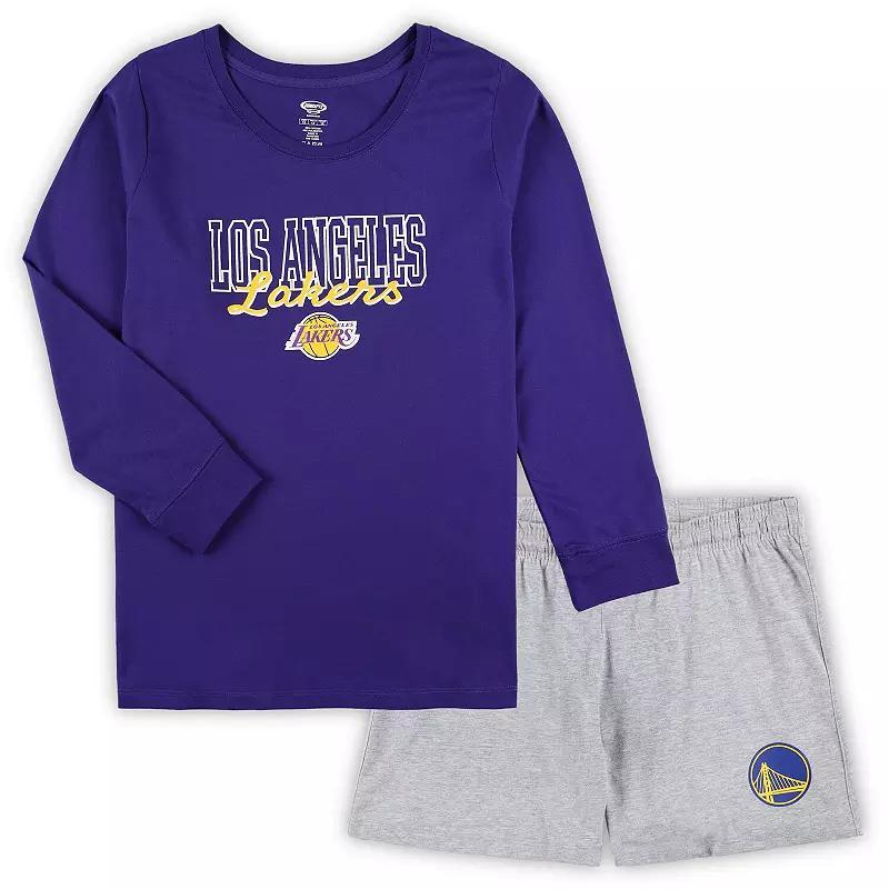 Women's Concepts Sport Purple/Heather Gray Los Angeles Lakers Plus Size Long Sleeve T-Shirt and Shorts Sleep Set, Size: 3XL Product Image